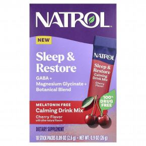 Natrol, Sleep & Restore, успокаивающая смесь для напитков, без мелатонина, вишня, 10 пакетиков по 2,6 г (0,09 унции) - описание