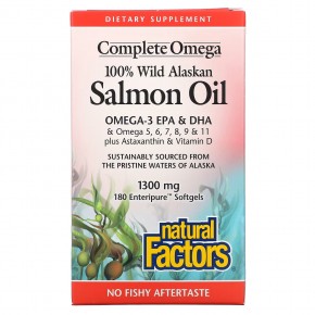 Natural Factors, Complete Omega, 100% жир дикого аляскинского лосося, 1300 мг, 180 капсул Enteripure - описание