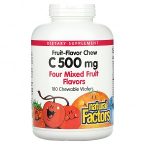 Natural Factors, 100% натуральный фруктовый витамин C для жевания, четыре фруктовых вкуса, 500 мг, 180 жевательных вафель - описание