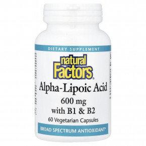 Natural Factors, альфа-липоевая кислота с витаминами B1 и B2, 60 вегетарианских капсул - описание | фото