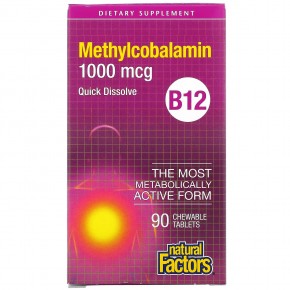 Natural Factors, витамин B12, метилкобаламин, 1000 мкг, 90 жевательных таблеток - описание