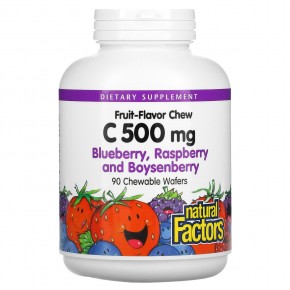 Natural Factors, жевательные таблетки с витамином C со вкусом фруктов, голубика, малина и бойзенова ягода, 500 мг, 90 шт. - описание