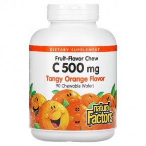 Natural Factors, Жевательный витамин C со вкусом фруктов, пикантный апельсин, 500 мг, 90 жевательных вафель в Москве - eco-herb.ru | фото