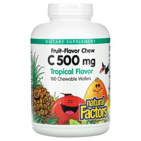 Natural Factors, Жевательный витамин C со вкусом фруктов, тропический, 500 мг, 180 жевательных вафель - описание
