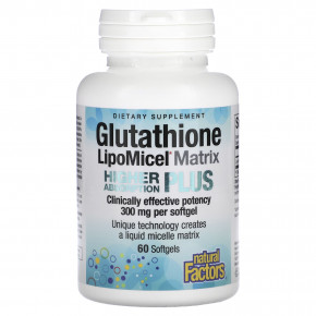 Natural Factors, Glutathione LipoMicel Matrix, 300 мг, 60 мягких таблеток - описание | фото