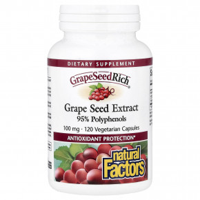 Natural Factors, GrapeSeedRich®, экстракт виноградных косточек, 100 мг, 120 вегетарианских капсул - описание | фото