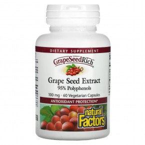 Natural Factors, GrapeSeedRich, экстракт виноградных косточек, 100 мг, 60 вегетарианских капсул - описание