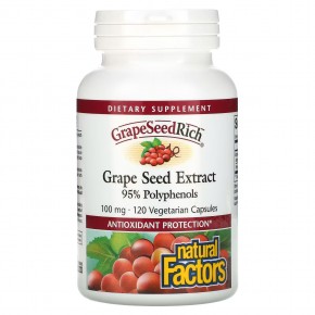 Natural Factors, GrapeSeedRich, экстракт виноградных косточек, 100 мг, 120 вегетарианских капсул - описание