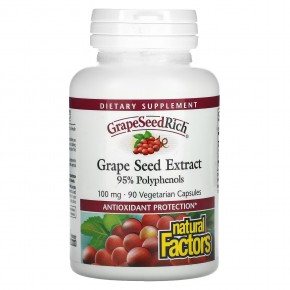 Natural Factors, GrapeSeedRich, экстракт виноградных косточек, 100 мг, 90 вегетарианских капсул - описание