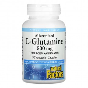 Natural Factors, Микронизированный L-глютамин, 500 мг, 90 вегетарианских капсул - описание