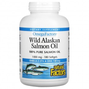 Natural Factors, Omega Factors, жир дикого аляскинского лосося, 1000 мг, 180 капсул - описание