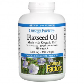 Natural Factors, Omega Factors, льняное масло, 1000 мг, 360 капсул - описание