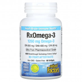 Natural Factors, RxOmega-3, 60 мягких таблеток (630 мг в 1 капсуле) - описание | фото