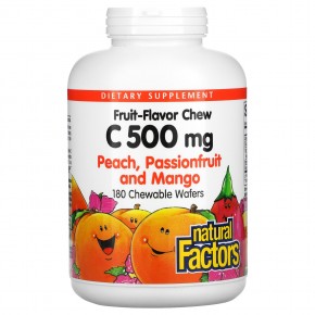 Natural Factors, витамин C в жевательной форме, со вкусом персика, маракуйи и манго, 500 мг, 180 жевательных конфет - описание