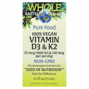 Natural Factors, Whole Earth Sea®, 100% веганские витамины D3 и K2, 15 мл (0,5 жидк. унц.) в Москве - eco-herb.ru | фото