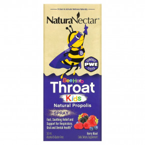 NaturaNectar, Bee Hero Throat Kids, натуральный прополис в спрее, ягодный вкус, 5 мг, 30 мл - описание | фото