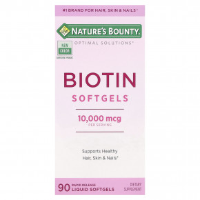 Nature's Bounty, Optimal Solutions®, биотиновые капсулы, 10 000 мкг, 90 жидких капсул с быстрым высвобождением - описание | фото