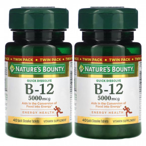 Nature's Bounty, Витамин B12, Twin Pack, натуральный вишневый вкус, 5000 мкг, 40 быстрорастворимых таблеток - описание