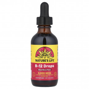 Nature's Life, B12, капли, без сахара, ягодное ассорти, 5000 мкг, 60 мл (2 жидк. унции) - описание | фото
