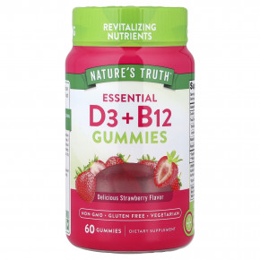 Nature's Truth, Essential D3 и B12, жевательные таблетки, со вкусом клубники, 60 жевательных таблеток - описание | фото