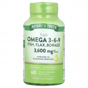 Nature's Truth, Triple Omega 3-6-9, рыба, лен, бурачник, 3600 мг, 60 капсул быстрого действия (1200 мг в каждой капсуле) - описание | фото