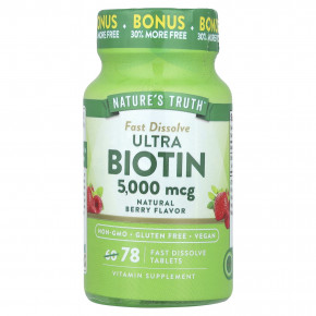 Nature's Truth, Ultra Biotin, натуральные ягоды, 5000 мкг, 78 быстро растворяющихся таблеток - описание | фото