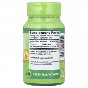 Nature's Truth, Витамин A, высокая эффективность, 3000 мкг (10 000 МЕ), 100 капсул быстрого высвобождения в Москве - eco-herb.ru | фото