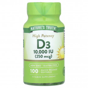 Nature's Truth, Vitamin D3, High Potency, 250 mcg (10,000 IU), 100 Quick Release Softgels - описание