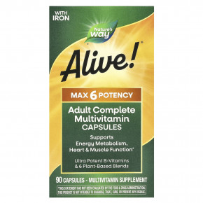 Nature's Way, Alive! ® Max 6 Potency, полный мультивитаминный комплекс для взрослых, с железом, 90 капсул в Москве - eco-herb.ru | фото