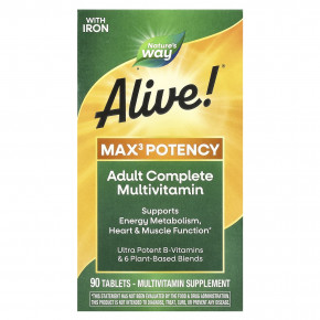 Nature's Way, Alive!® Max3 Potency, полный мультивитаминный комплекс для взрослых, с железом, 90 таблеток - описание | фото
