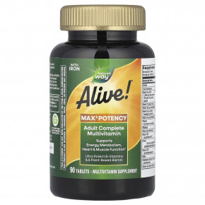 Nature's Way, Alive!® Max3 Potency, полный мультивитаминный комплекс для взрослых, с железом, 90 таблеток в Москве - eco-herb.ru | фото