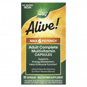 Nature's Way, Alive! Max6 Potency, мультивитамины повышенной эффективности, без добавления железа, 90 капсул в Москве - eco-herb.ru | фото