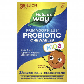 Nature's Way, Primadophilus®, жевательные пробиотики, для детей от 2 лет, с апельсиновым вкусом, 3 млрд КОЕ, 30 жевательных таблеток - описание | фото
