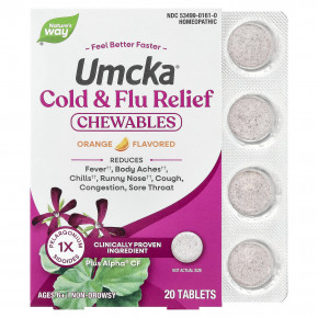 Nature's Way, Umcka®, жевательные таблетки для облегчения симптомов простуды и гриппа, для детей от 6 лет, со вкусом апельсина, 20 таблеток - описание | фото