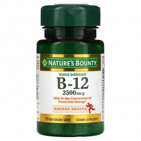 Nature's Bounty, B-12, натуральный вишневый вкус, 2500 мкг, 75 быстрорастворимых таблеток - описание