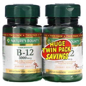 Nature's Bounty, Витамин B12, Twin Pack, натуральный вишневый вкус, 5000 мкг, 40 быстрорастворимых таблеток - описание