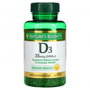 Nature's Bounty, D3, 25 мкг (1000 МЕ), 250 мягких таблеток ускоренного высвобождения - описание