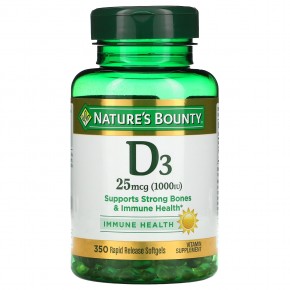Nature's Bounty, D3, Immune Health, 25 мкг (1000 МЕ), 350 мягких таблеток с быстрым высвобождением - описание
