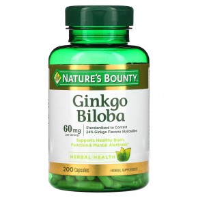 Nature's Bounty, гинкго билоба, 60 мг, 200 капсул (30 мг в 1 капсуле) - описание