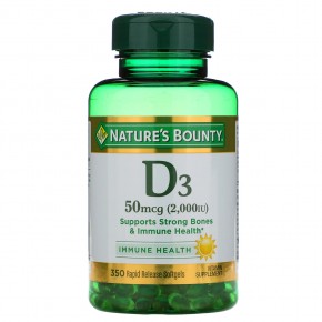 Nature's Bounty, витамин D3, 50 мкг (2000 МЕ), 350 капсул быстрого высвобождения - описание