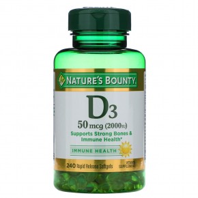 Nature's Bounty, витамин D3, здоровье иммунной системы, 50 мкг (2000 МЕ), 240 капсул быстрого высвобождения - описание