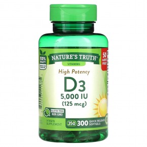 Nature's Truth, Высокоэффективный витамин D3, 125 мкг (5000 МЕ), 300 капсул быстрого высвобождения в Москве - eco-herb.ru | фото