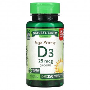 Nature's Truth, Высокоэффективный витамин D3, 25 мкг (1000 МЕ), 250 мягких таблеток быстрого высвобождения - описание