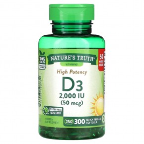 Nature's Truth, Высокоэффективный витамин D3, 50 мкг (2000 МЕ), 300 мягких таблеток быстрого высвобождения - описание