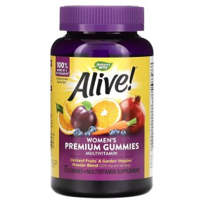 Nature's Way, Alive!, жевательные мультивитамины для женщин премиального качества, со вкусом винограда, вишни, голубики и асаи, 75 жевательных таблеток - описание
