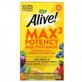 Nature's Way, Alive! Max3 Daily, мультивитаминный комплекс, без добавления железа, 90 таблеток - описание