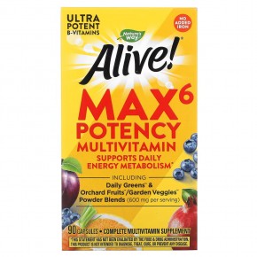 Nature's Way, Alive! Max6 Potency, мультивитамины повышенной эффективности, без добавления железа, 90 капсул в Москве - eco-herb.ru | фото