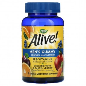 Nature's Way, Alive!, полный комплекс мультивитаминов для мужчин в виде жевательныхтаблеток со вкусом фруктов, 60 жевательных таблеток - описание