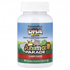 NaturesPlus, Animal Parade®, ДГК для детей, жевательная добавка с омега-3 для детей, со вкусом вишни, 90 таблеток в форме животных - описание | фото
