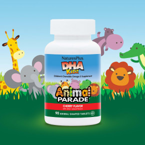 NaturesPlus, Animal Parade®, ДГК для детей, жевательная добавка с омега-3 для детей, со вкусом вишни, 90 таблеток в форме животных в Москве - eco-herb.ru | фото